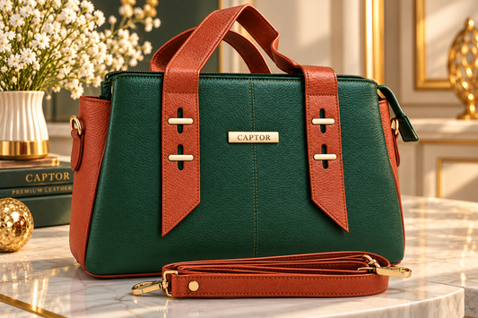 CAPTOR Women Genuine Leather Green & Tan Brown Textured Structured Handbag with Dual Handles and Detachable Shoulder Strap
