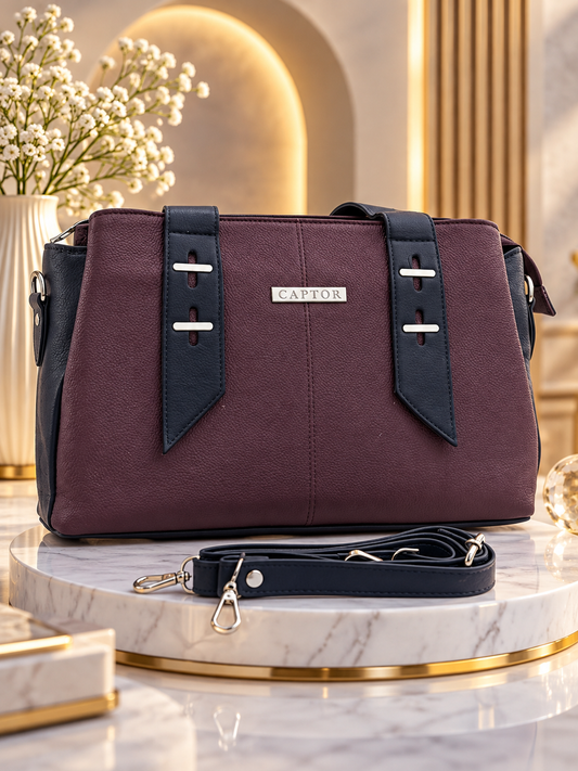CAPTOR Women Genuine Leather Burgundy & Black Textured Structured Handbag with Dual Handles and Detachable Shoulder Strap