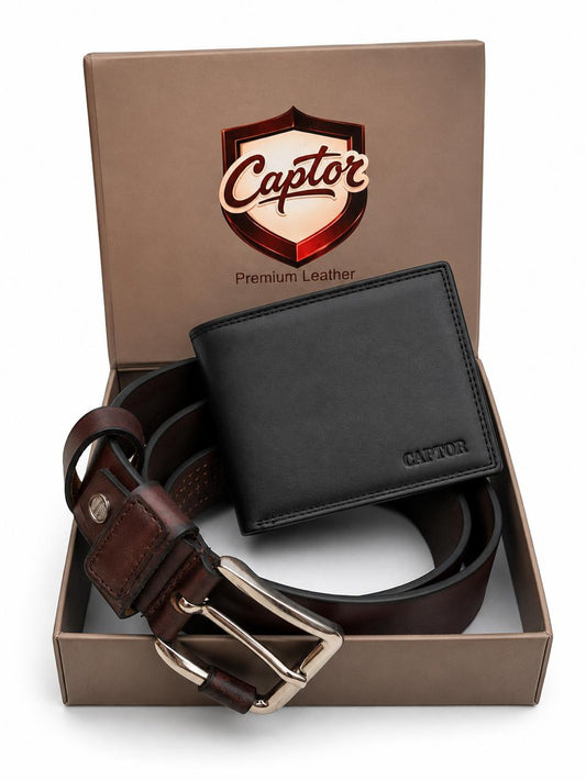 Men Leather Brown Belt and Two Fold Black Wallet Accessory Gift Set