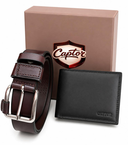 Men Leather Brown Belt and Two Fold Black Wallet Accessory Gift Set